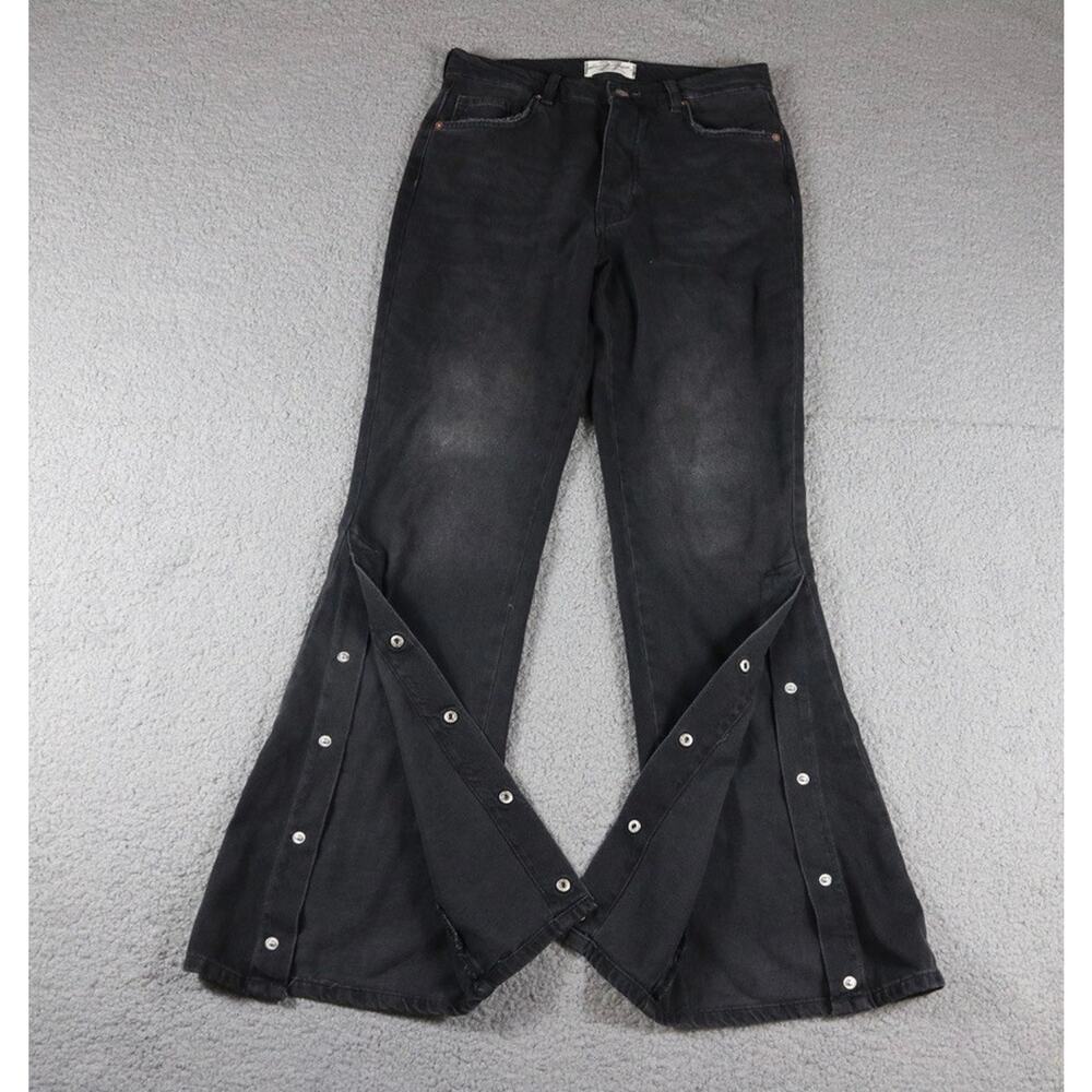 Free People We The Free Jeans 27 Black Bell Bottoms Flared Snap Button Trim - Picture 1 of 9